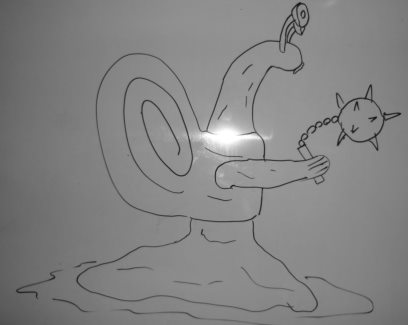 Ślimak karate, narysowany na whiteboardzie